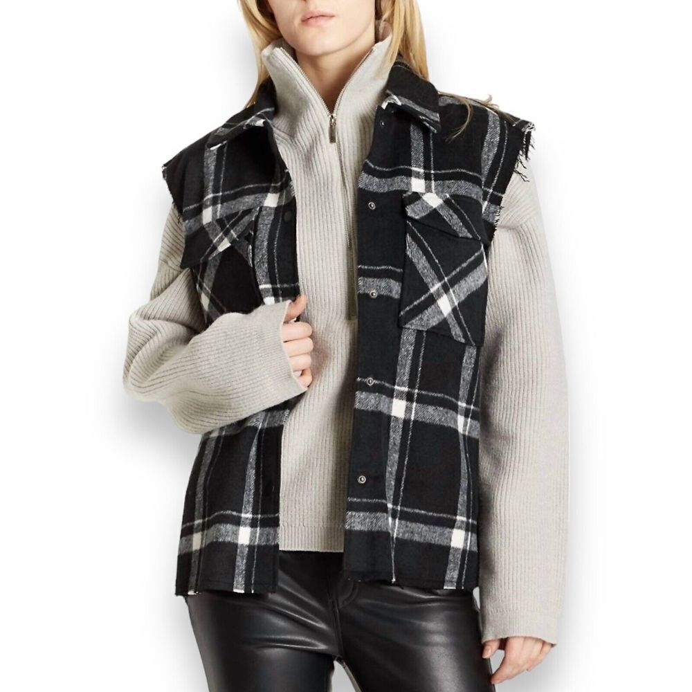 Oat New York Vest‎ WMNS M Black Wool Blend Plaid Hunter Frayed Layer Snap Button